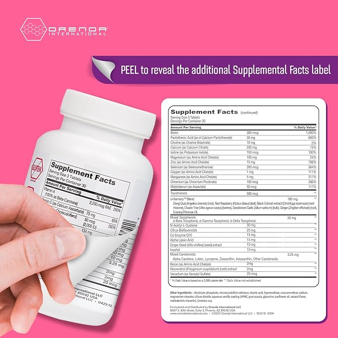 Orenda Womens Multivitamin- Holistic Wellness for Women | with O-Harmony Blend, Dong Quai, Black Cohosh, and More! | Vitamins, Minerals, Hormonal Balance, Immune Support & Heart Health - 90 Tablets