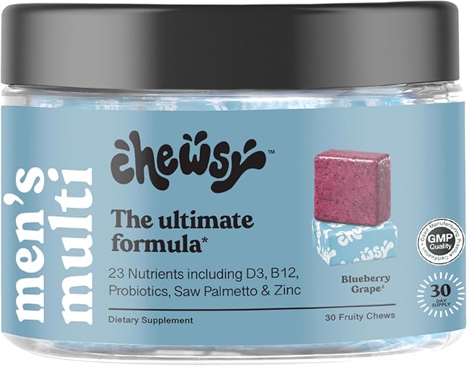 Chewsy Men's Multivitamin Chews, Immune & Energy Support, Vitamin A, B12, C, D3, E, Folic Acid, Probiotics, Saw Palmetto, Zinc, Adult Chewable Vitamin, Individually Wrapped Chews, 30-Day Supply (1)