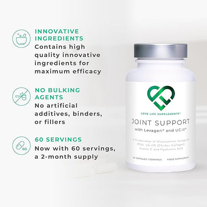 Joint Support, 2 Month Supply - 60 Capsules, with Glucosamine, Vitamin C, Hyaluronic Acid, Levagen® + UC-II® Chicken Collagen Type 2 for Joint Pain Relief, Joint Care Supplements for Men & Women