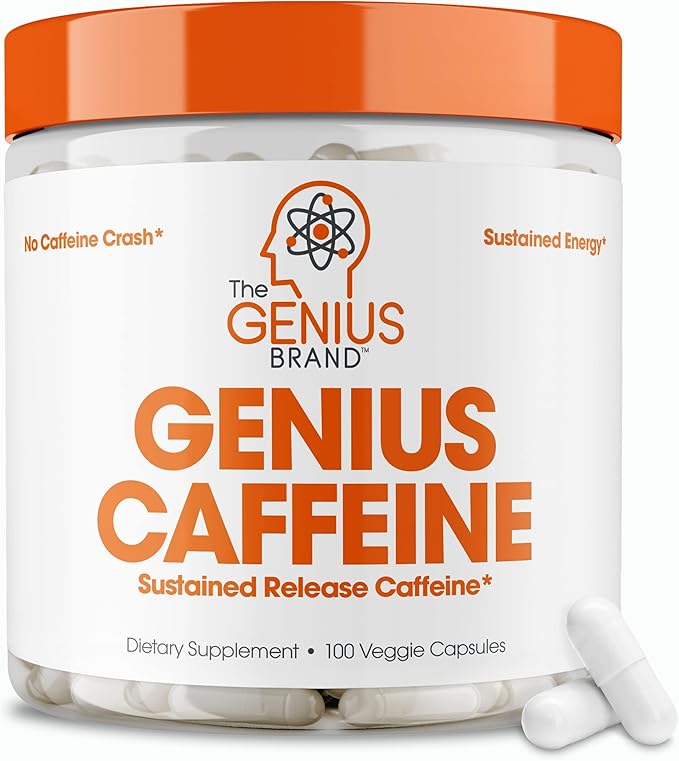 Genius Caffeine Pills 100mg, Extended-Release Microencapsulated Caffeine Pills - All-Natural Non-Crash Sustained Energy, Focus & Concentration Supplement - Nootropic Brain Booster - 100 Capsules