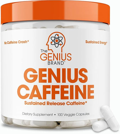 Genius Caffeine Pills 100mg, Extended-Release Microencapsulated Caffeine Pills - All-Natural Non-Crash Sustained Energy, Focus & Concentration Supplement - Nootropic Brain Booster - 100 Capsules