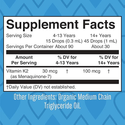 MaryRuth Organics USDA Organic Vitamin K2 MCT Liquid Drops for Adults & Kids | 100 mcg K2 MK7 per serving + Organic MCT Oil | Vegan K2 Vitamin for Bone Health | Heart Health | Calcium Absorption | 1oz