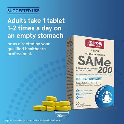 Jarrow Formulas SAMe 200 mg, Supports Joint Health, Liver Function, Brain Metabolism, 20 Tablets, Up To A 20 Day Supply
