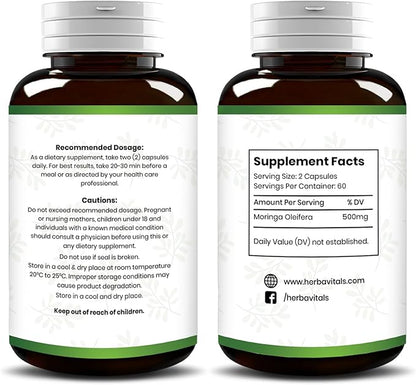Moringa Capsules Supplement 500 mg/ 120 Count-Moringa Powder Organic | Moringa Pure Capsules Organic for Immune System, Moringa Organic Capsules for Energy - Moringa Leaf Powder Supplement -Lab Tested