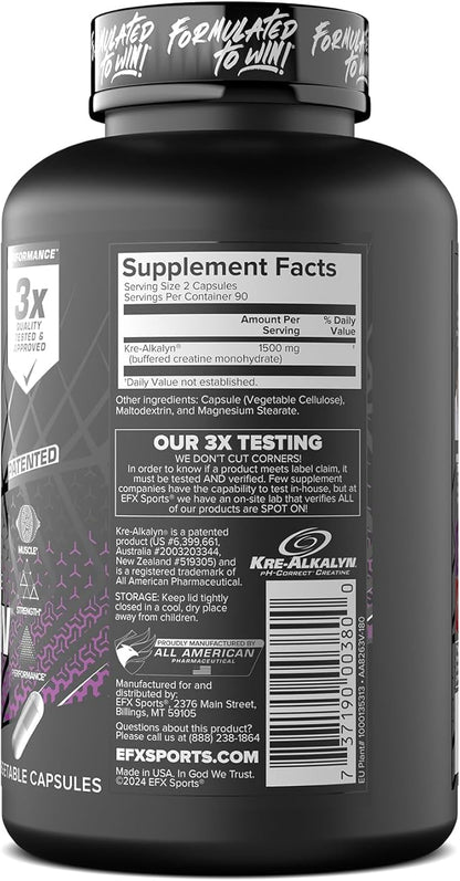 EFX Sports Kre-Alkalyn EFX | pH Correct Creatine Monohydrate Pill Supplement | Vegan Friendly | Strength & Muscle Growth | 90 Servings, 180 Veggie Capsules