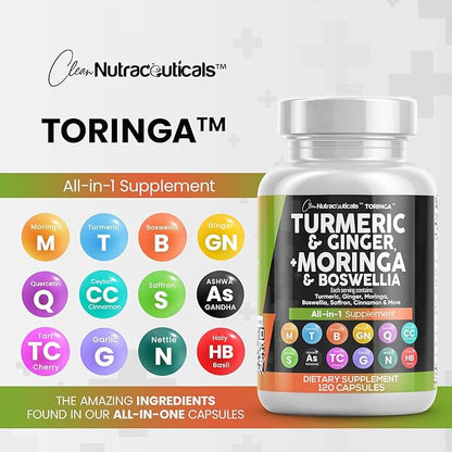 Turmeric Moringa Supplement | Ginger Boswellia Saffron - Supplement for Women and Men with Ceylon Cinnamon, Tart Cherry, Quercetin Garlic Nettle Holy Basil - 1Pack