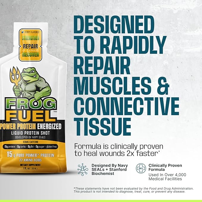 Frog Fuel Power Energized Protein Shot, 15g Protein Nano-Hydrolyzed Grass Fed Collagen, 80mg Caffeine, Fat & Sugar Free, 22 Amino Acids, 0 Carbs, Berry, 1 oz Packets, 24 Pack