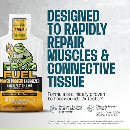 Frog Fuel Power Energized Protein Shot, 15g Protein Nano-Hydrolyzed Grass Fed Collagen, 80mg Caffeine, Fat & Sugar Free, 22 Amino Acids, 0 Carbs, Berry, 1 oz Packets, 24 Pack