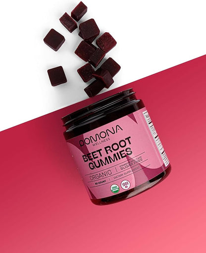 Pomona Wellness Organic Potent Beetroot Powder Gummies 1000mg – Sugar Free, Nitric Oxide Supplement - Natural Strawberry and Apple Flavor, Vegan, 60 Count
