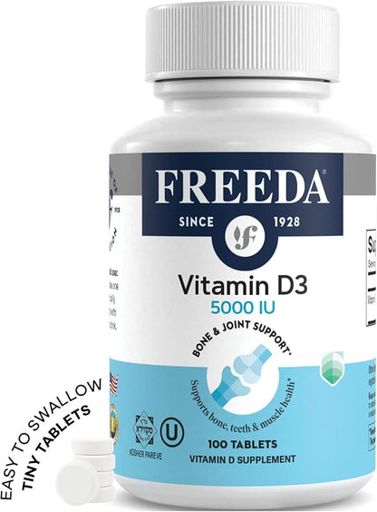 FREEDA Vitamin D3-5000 IU - Pure High Potency Kosher Supplement Tablets - Bone and Muscle Health, Calcium Absorption, Immune Support for Men and Women* - 100 Count
