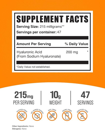 BulkSupplements.com Hyaluronic Acid Powder - Hyaluronic Acid Supplements, Hyaluronic Acid 215mg - Hyaluronic Acid Food Grade, Gluten Free - 215mg per Serving, 10g (0.35 oz) (Pack of 1)