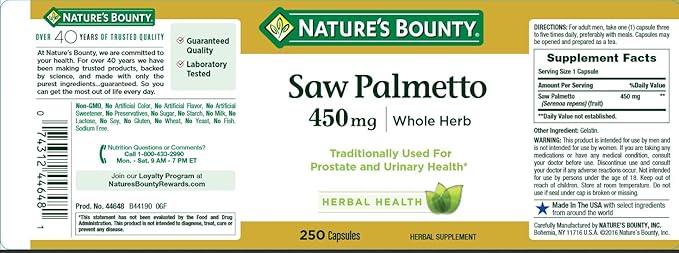 Nature's Bounty Saw Palmetto Support for Prostate and Urinary Health, Herbal Health Supplement, 450mg, 250 Capsules (Pack of 3)
