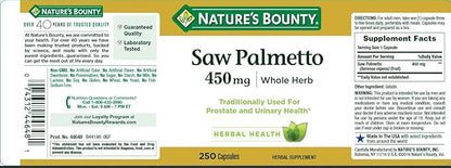 Nature's Bounty Saw Palmetto Support for Prostate and Urinary Health, Herbal Health Supplement, 450mg, 250 Capsules (Pack of 3)