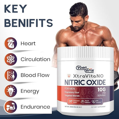 Nitric Oxide Supplement for Men - Extra Strength Nitric Oxide Booster Powder for Heart, Circulation, Blood Flow, Energy, Endurance - 10g Per Serving, 30 Servings