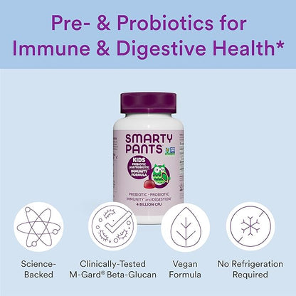 SmartyPants Kids Probiotic Immunity Gummies: Prebiotics & Probiotics for Digestive Health and Immune Support Supplement, Gluten Free, Vegan, Grape Flavor, 60 Count (30 Day Supply)