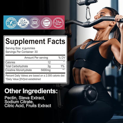 Creatine Monohydrate Gummies for Men & Women 120 CT - 5000mg of Creatine Monohydrate per Serving - Sugar Free Chewable Creatine for Muscle Strength, Muscle Builder, Energy Boost (Raspberry Flavor)