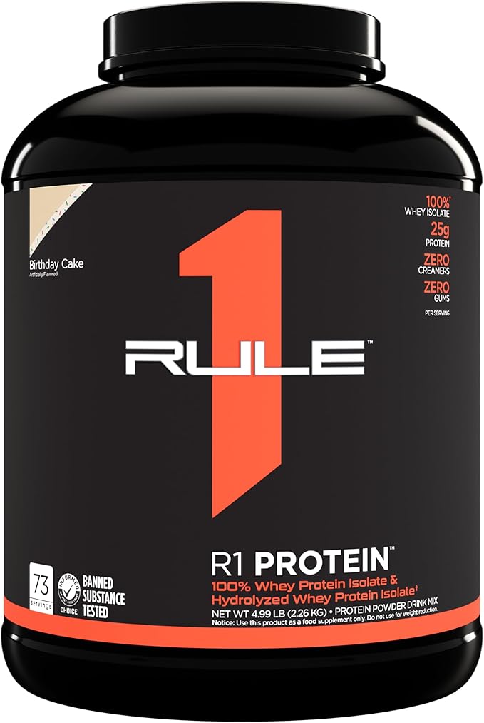 Rule One Proteins R1 Protein - 25g Fast-Acting, Super-Pure 100% Isolate and Hydrolysate Protein Powder with 6g BCAAs (5 Pounds*, Birthday Cake)
