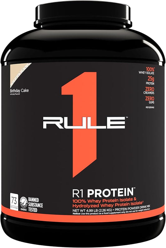 Rule One Proteins R1 Protein - 25g Fast-Acting, Super-Pure 100% Isolate and Hydrolysate Protein Powder with 6g BCAAs (5 Pounds*, Birthday Cake)