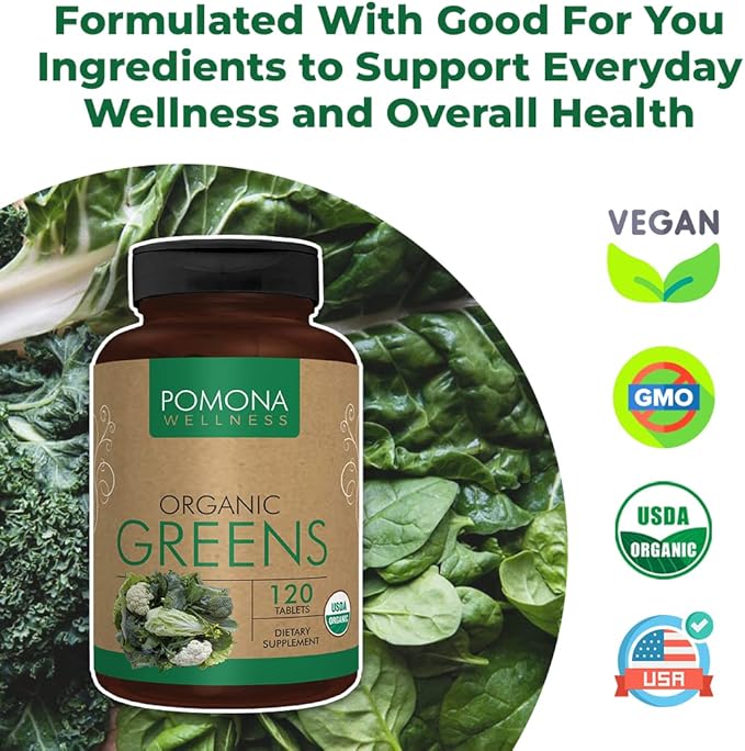 Pomona Wellness Organic Super Greens Supplement, Full Of Superfood Vitamins & Minerals, Fruits & Vegetable, Greens Powder for Bloating and Digestion, USDA Organic, Non-GMO, Vegan, 120 Tablets (2 Pack)