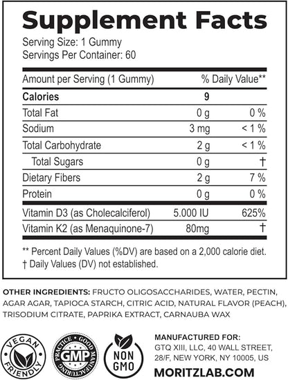 DR. MORITZ Vitamin D3 K2 Gummies 5000 IU - Sugar-Free VIT D Gummy Supplement for Immune Support & Healthy Bones * - High-Absorption, Vegan, Gluten-Free Chewable Gummies for Adults & Kids, d3 Plus k2