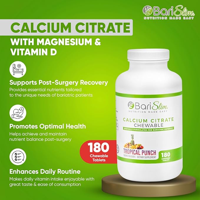 BariSlim Bariatric Calcium Citrate with Magnesium and Vitamin D Tabs - 500 mg of Calcium Citrate Per Serving - Formulated for Patients After Weight Loss Surgery | Tropical Punch (90 Servings)