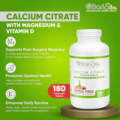 BariSlim Bariatric Calcium Citrate with Magnesium and Vitamin D Tabs - 500 mg of Calcium Citrate Per Serving - Formulated for Patients After Weight Loss Surgery | Tropical Punch (90 Servings)