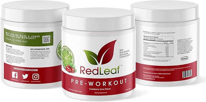 Red Leaf Pre Workout Energizer Powder, BCAA's, Beta-Alanine, Amino Acids and Green Tea for Immune Support and Preworkout Energy, Natural Cranberry Lime Flavor - 30 Servings