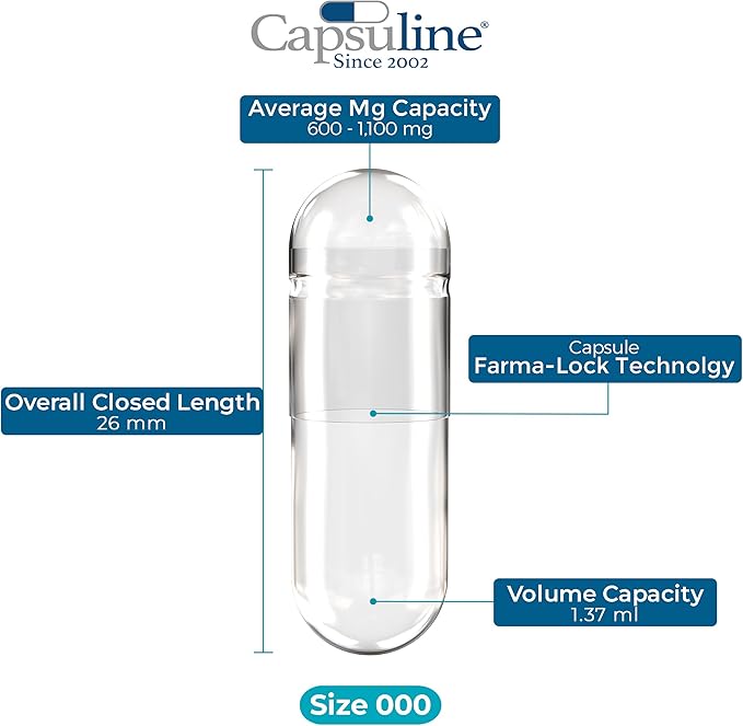 Capsuline Size 000 Empty Gelatin Capsules, Clear - 1000 Count | Gluten Free, Kosher, Non-GMO Certified | Pure Bovine Pill Caps for DIY Supplement Filling