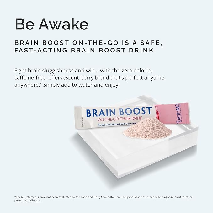 BRAINMD Dr Amen Brain Boost On The Go - 10 Packets, Berry Flavor - Nootropic Drink Powder, Promotes Focus, Clarity & Mental Energy - Caffeine Free, Gluten Free - 10 Servings