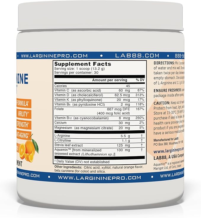 L-ARGININE PRO | L-arginine Supplement Powder | 5,500mg of L-arginine Plus 1,100mg L-Citrulline (Orange, 3 Jars)