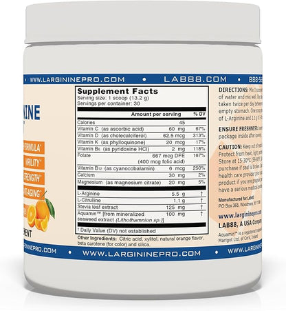 L-ARGININE PRO | L-arginine Supplement Powder | 5,500mg of L-arginine Plus 1,100mg L-Citrulline (Orange, 3 Jars)