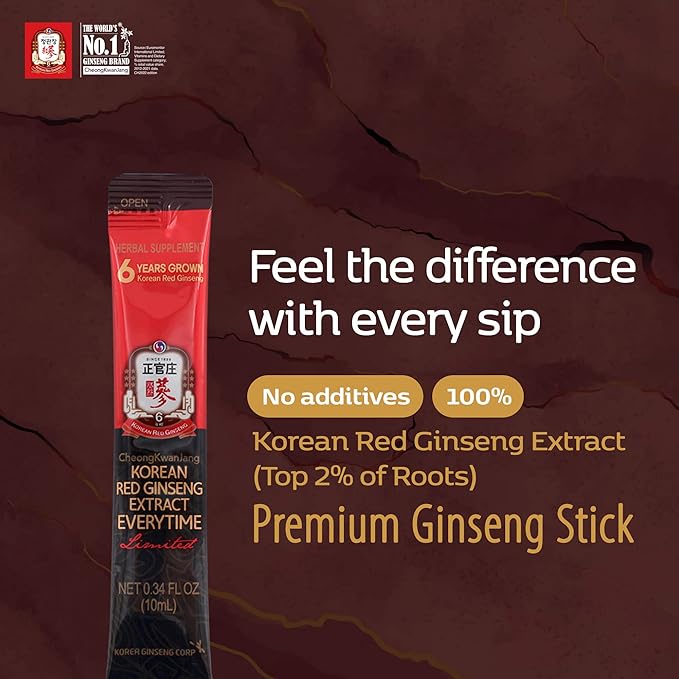 CheongKwanJang Korean Red Ginseng Extract Everytime Limited 3000mg | Premium Sugar Free Energy Supplement, Ginseng Tea, Korean Food, Ginseng Drink | Energy Boost,Stamina | 30 Count