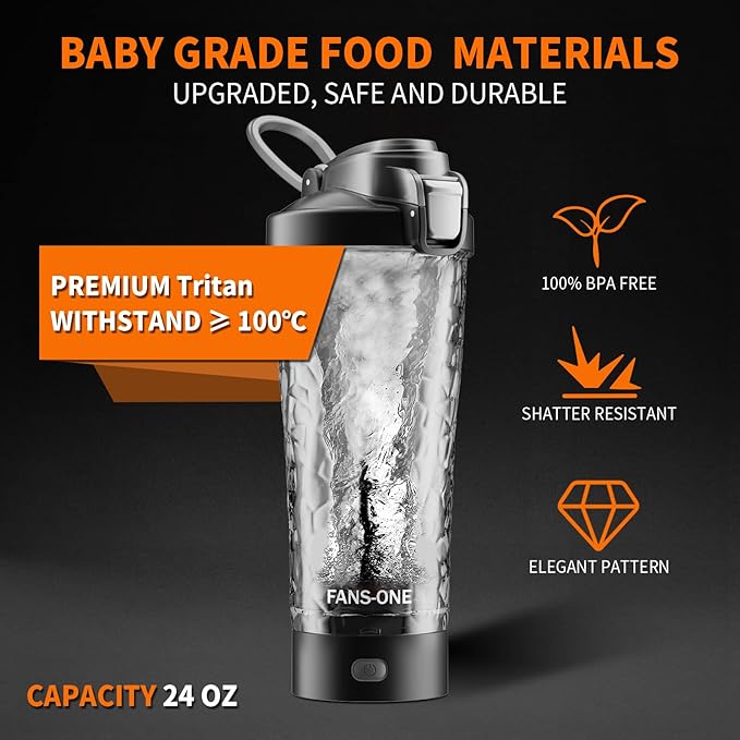 Premium Electric Protein Shaker Bottle, 24 oz Lockable Blender Shaker Bottles, Made with Tritan, BPA Free, USB Rechargeable Mixer Blender Cup for Protein Shakes, Black
