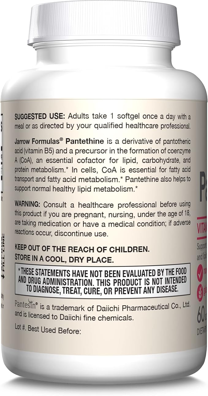 Jarrow Formulas Pantethine 450 mg - Derivative of Vitamin B5 - 60 Servings (Softgels) - Support Heart Health, Carbohydrate & Lipid Metabolism - Coenzyme A (CoA) Precursor - Pantothenic Acid Supplement