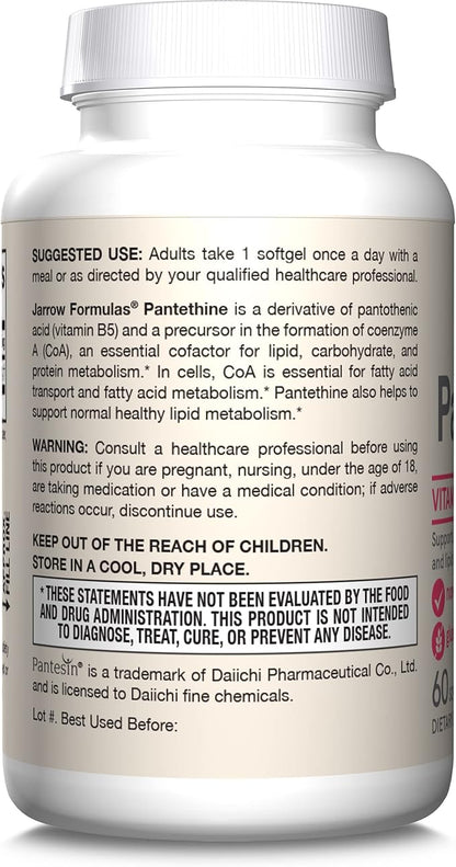 Jarrow Formulas Pantethine 450 mg - Derivative of Vitamin B5 - 60 Servings (Softgels) - Support Heart Health, Carbohydrate & Lipid Metabolism - Coenzyme A (CoA) Precursor - Pantothenic Acid Supplement