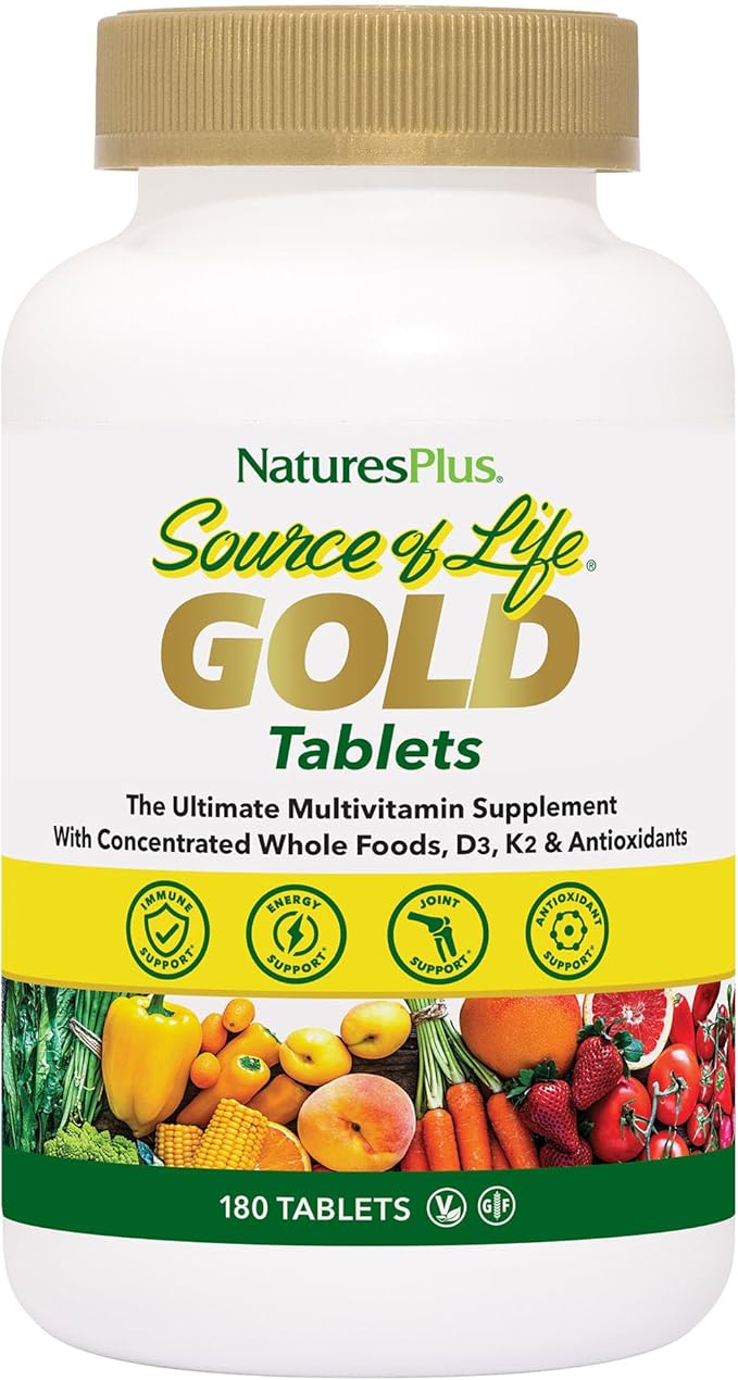 Natures Plus Source of Life Gold Multivitamin - 180 Tablets - with Vitamins D3 & B12 - Blood, Bone & Immune Support - Vegetarian & Gluten Free - 60 Servings