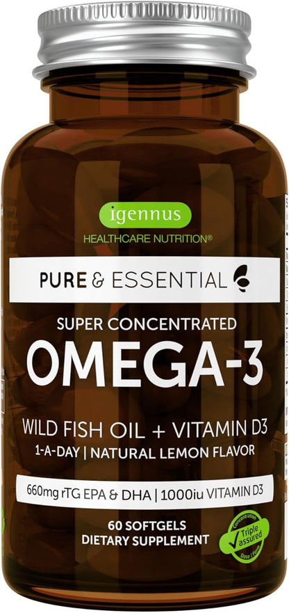 Advanced Omega-3 Wild Fish Oil & Vitamin D3 1000iu, 1-a-Day, Triglyceride Form EPA & DHA Fatty Acids, Fast-Acting rTG, Ultra Pure & Non-GMO, 60 Softgels, by Igennus