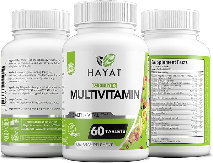 HAYAT Vitamins Vegan Natural Multivitamin, Daily Vitamins with Vitamin A, C, D, E, B1, B2, B3, B6, B12, Biotin, Zinc and More, 2 Month Supply, All Natural, Certified Halal, 60 Tablets, Made in The USA