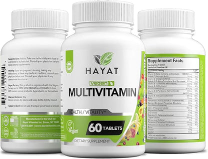 HAYAT Vitamins Vegan Natural Multivitamin, Daily Vitamins with Vitamin A, C, D, E, B1, B2, B3, B6, B12, Biotin, Zinc and More, 2 Month Supply, All Natural, Certified Halal, 60 Tablets, Made in The USA