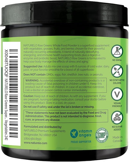 NATURELO Raw Greens Superfood Powder - Mixed Berry - Boost Energy, Detox, Enhance Health - Organic Spirulina - Wheat Grass - Whole Food Nutrition from Fruits and Vegetables - 240 Grams