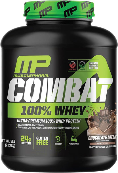 MusclePharm Combat 100% Whey Protein Powder, Chocolate Milk, Fast Recovery & Muscle Gain with Whey Protein Isolate, High Protein Powder for Women & Men, Gluten Free, 5 Lb, 70 Servings