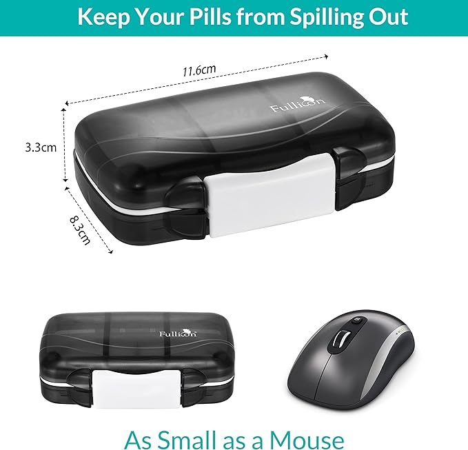Fullicon Portable Pill Organizer Weekly, Small Travel Pill Case with 7 Compartment, Moistureproof and Airtight Pill Box, Travel Pill Holder for Vitamins/Fish Oils/Supplements