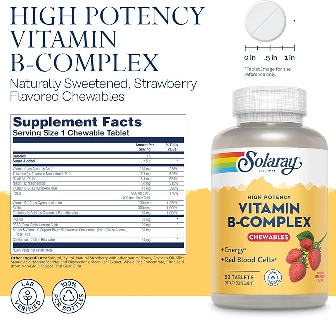 Solaray Vitamin B-Complex Chewables, Strawberry, Healthy Energy, Red Blood Cell, Stress & Metabolism Support, 50 Tablets