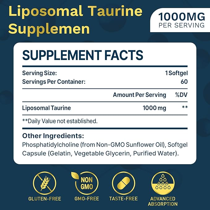 Liposomal Taurine Supplement 1000mg, High Absorption Amino Acid for Heart, Nerve, Brain, Visual, Longevity & Muscle (60 Softgels - 2 Pack)