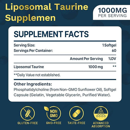 Liposomal Taurine Supplement 1000mg, High Absorption Amino Acid for Heart, Nerve, Brain, Visual, Longevity & Muscle (60 Softgels - 2 Pack)