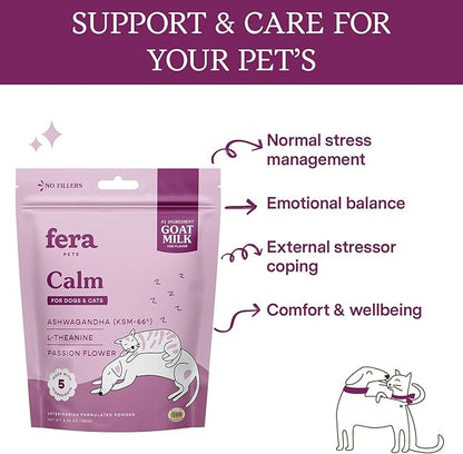 Fera Pet Organics Calming Goat Milk Cat & Dog – Vet Created - Pet Anxiety, Stress & Hyperactivity - Ashwagandha Supplement with GABA-60 Servings