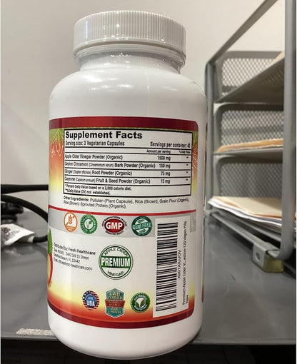 Apple Cider Vinegar Capsules Max 1740mg with Mother - 100% Natural & Raw with Cinnamon, Ginger & Cayenne Pepper - Ideal for Healthy Living, Detox & Digestion -120 Vegan Pills