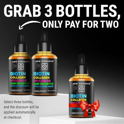 Liquid Biotin Drops with Collagen Vitamin D3 Saw Palmetto & Hyaluronic Acid for Hair Skin and Nails, Hair Growth Supplement for Men & Women | Non-GMO | Gluten-Free