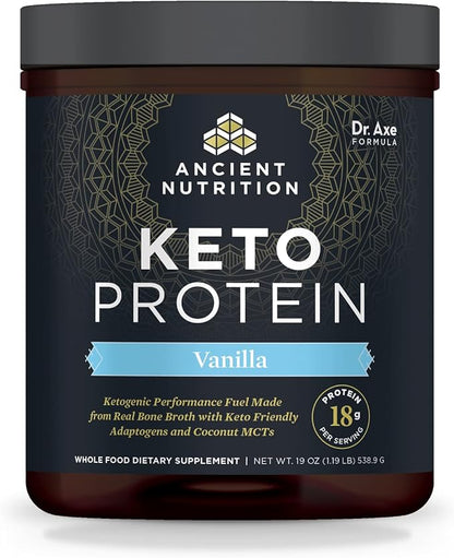 Keto Protein Powder by Ancient Nutrition, KetoPROTEIN with Fats from Bone Broth and MCT Oil, Vanilla, 18g Protein 11g Fat Per Serving, Gluten Free, 17 Servings