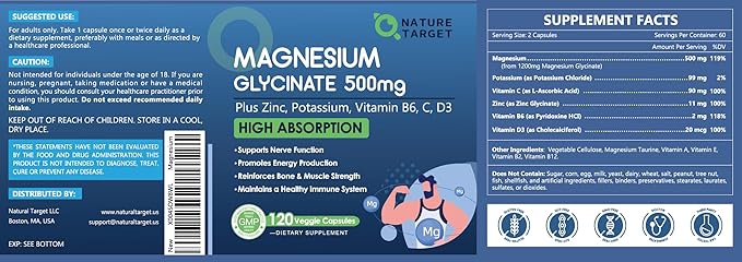 Magnesium Glycinate 500mg, Chelated Magnesium with Zinc & Vitamin D3 for Muscle, Nerve and Bone, Support Heart Health & Leg Cramp, Strength Immune System - 120 Capsules
